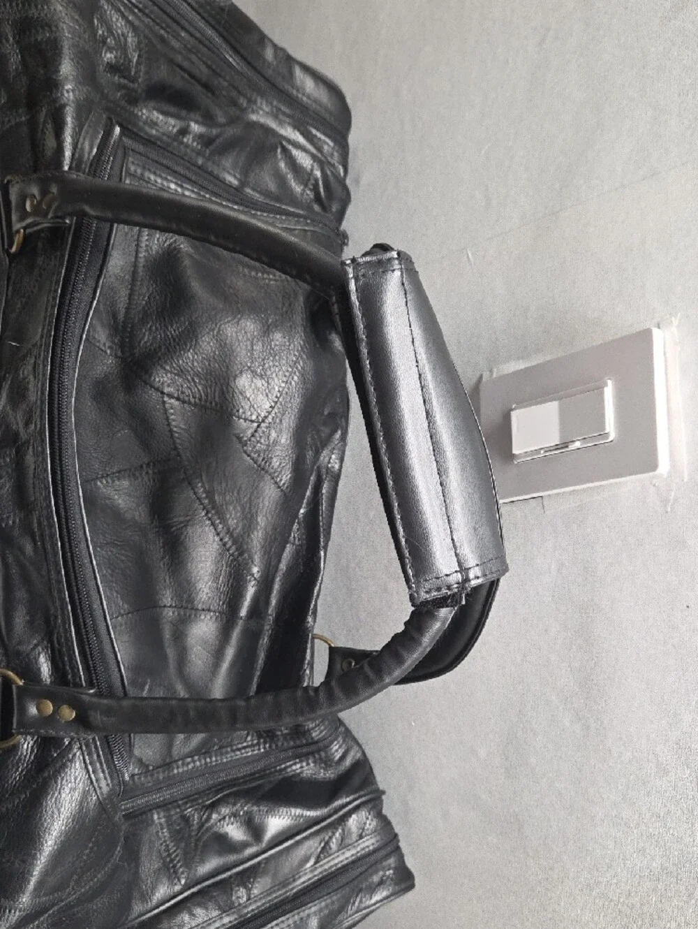 Black Leather Duffel Bag with Front Pockets - Unbranded